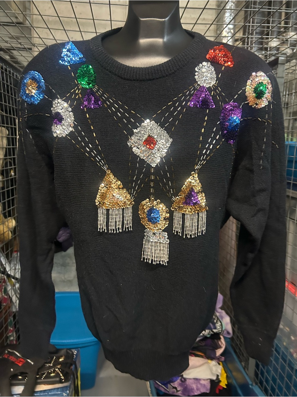 Vintage 80’s Embellished Black Sequin Fringe chacha soft knit Sweater M/L